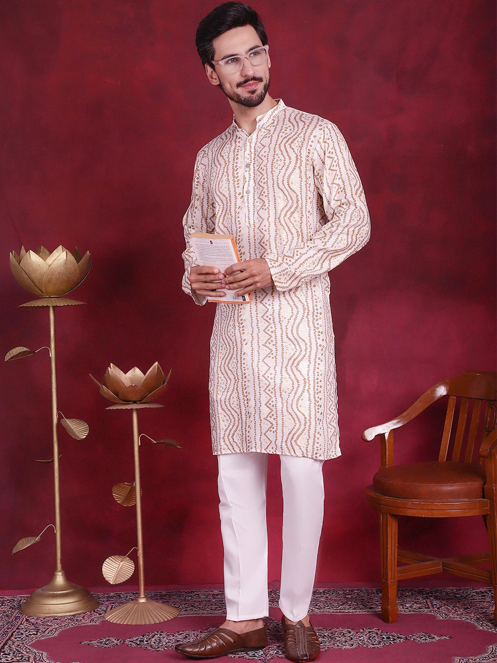 Jompers Men's Bandhani Printed Kurta - Cream