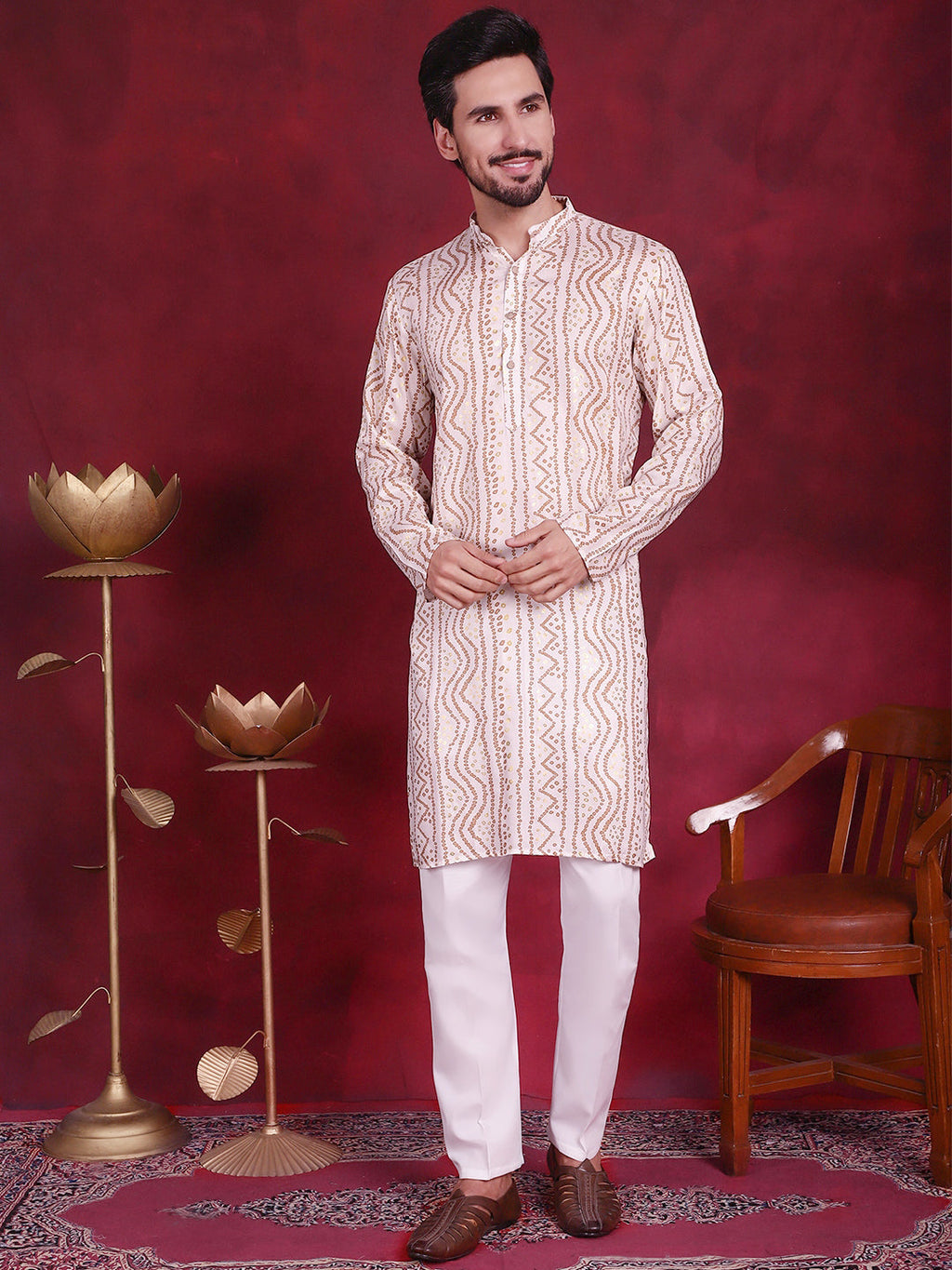 Jompers Men's Bandhani Printed Kurta - Cream