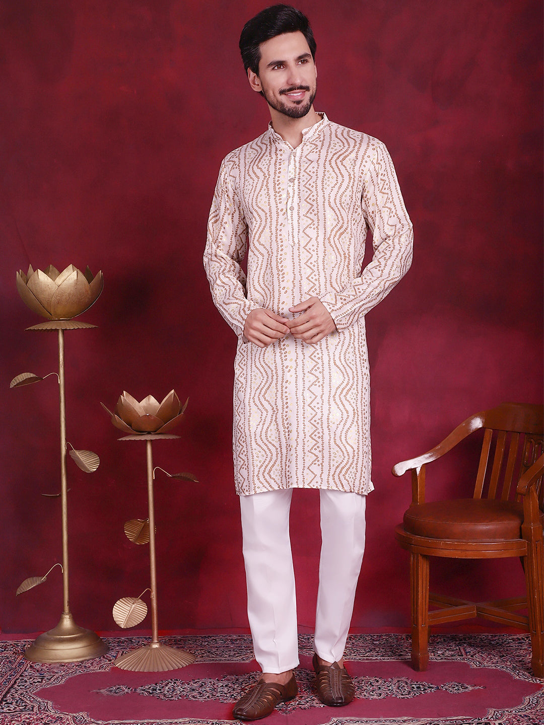 Jompers Men's Bandhani Printed Kurta - Cream