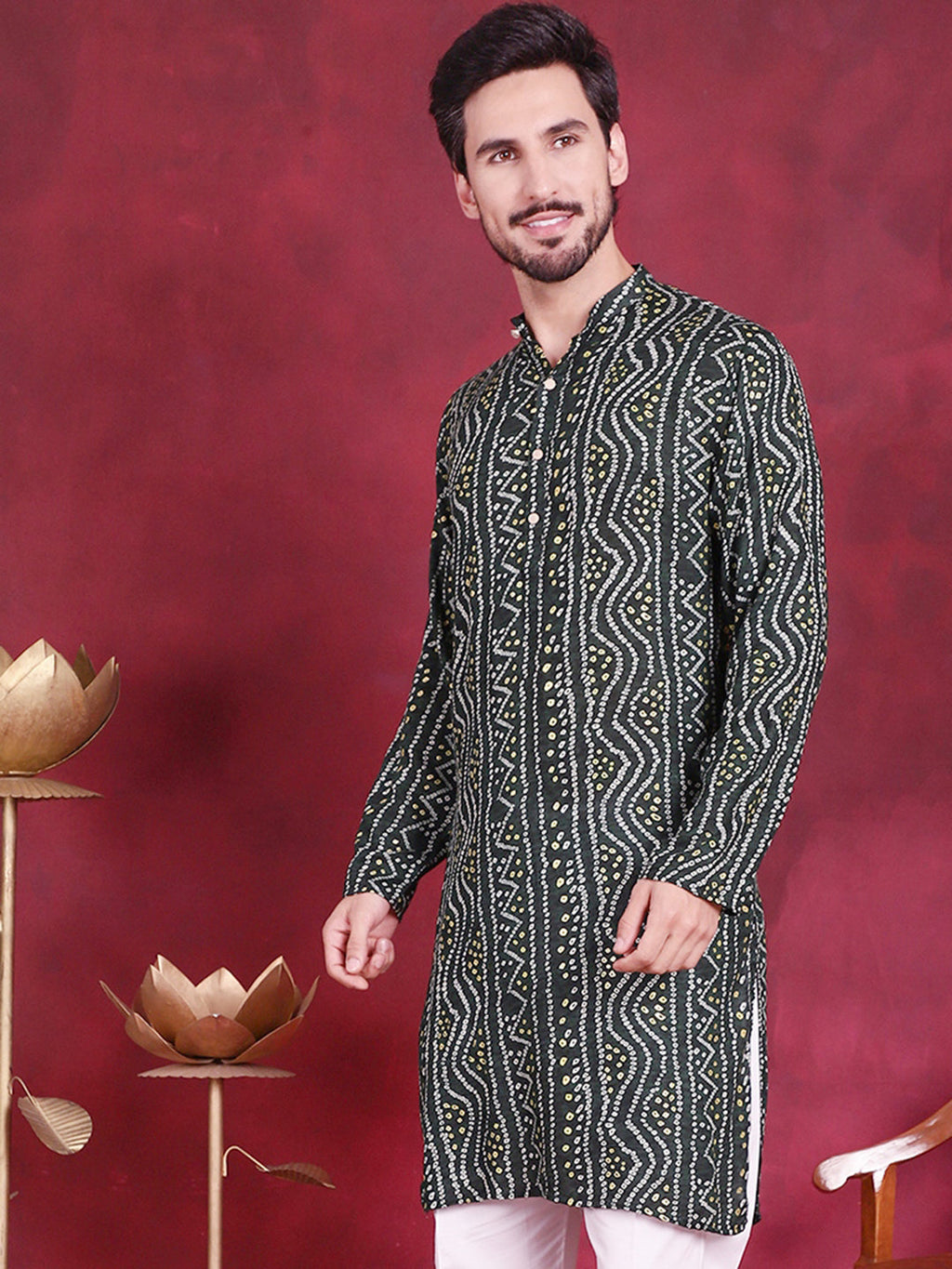 Jompers Men's Bandhani Printed Kurta - Green