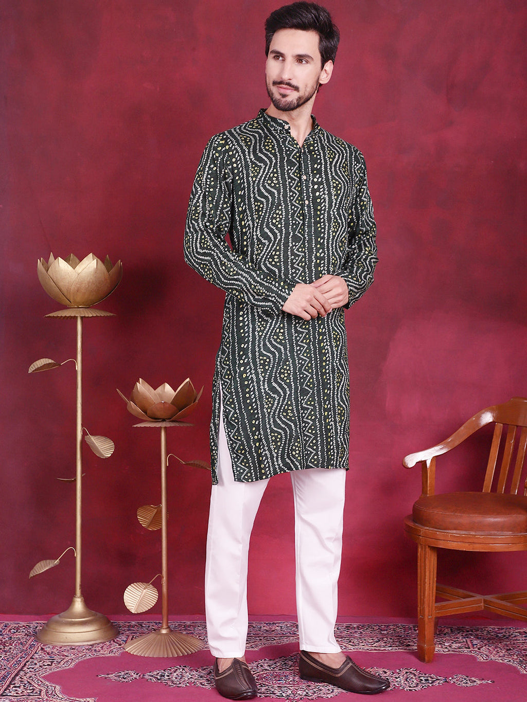 Jompers Men's Bandhani Printed Kurta - Green
