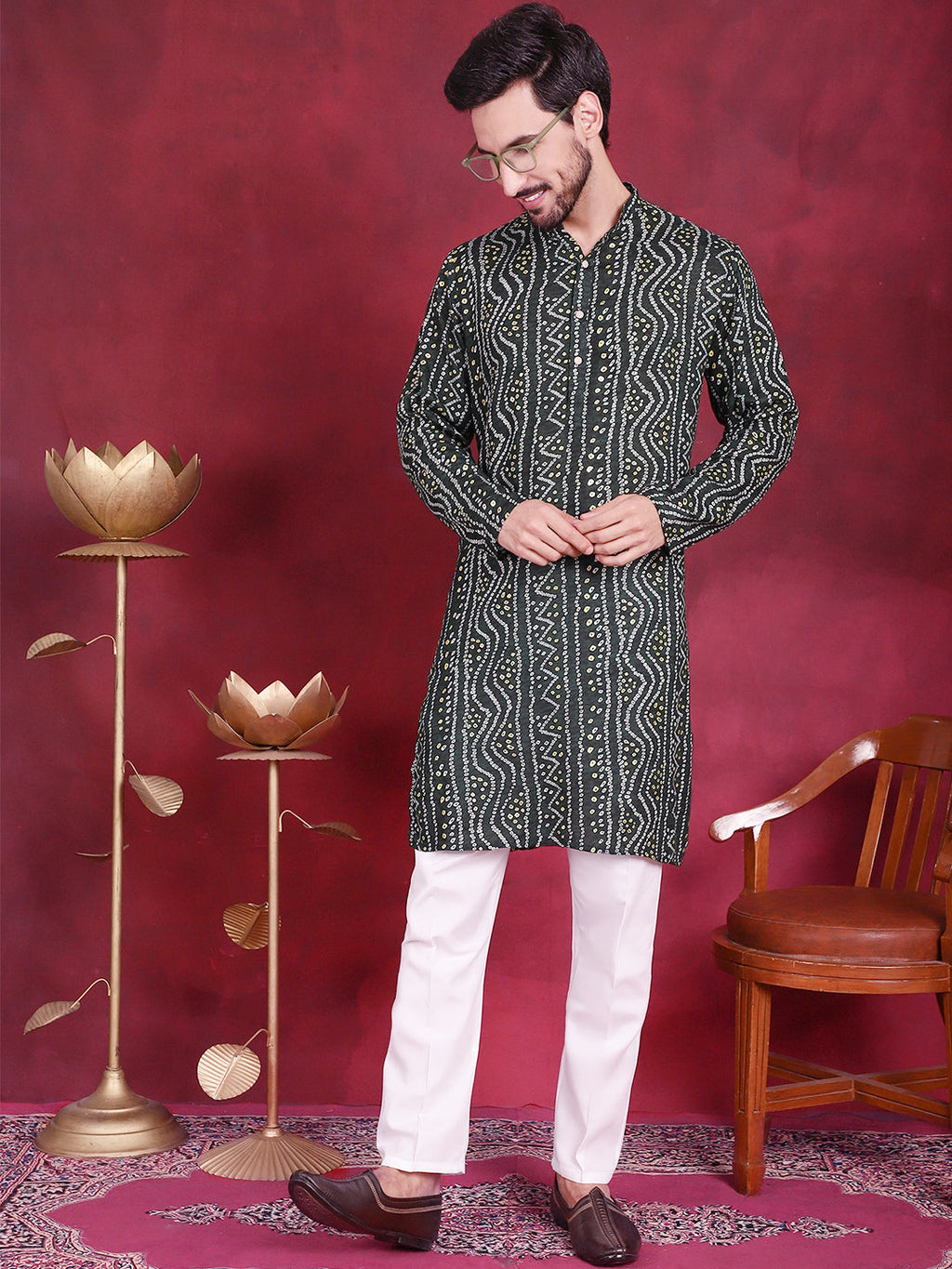 Jompers Men's Bandhani Printed Kurta - Green