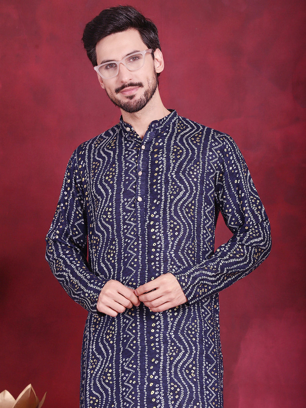 Jompers Men's Bandhani Printed Kurta - Navy Blue