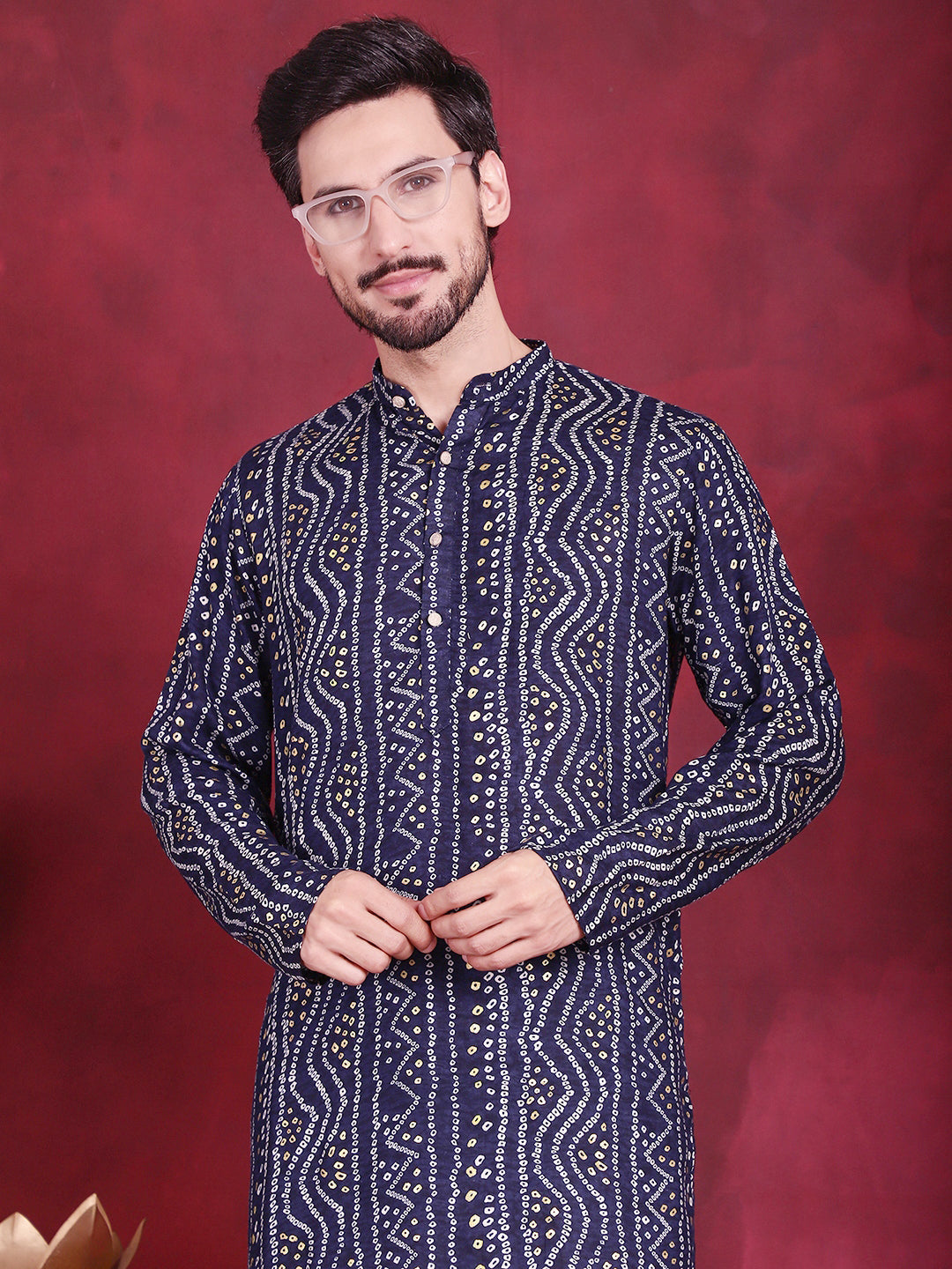 Jompers Men's Bandhani Printed Kurta - Navy Blue