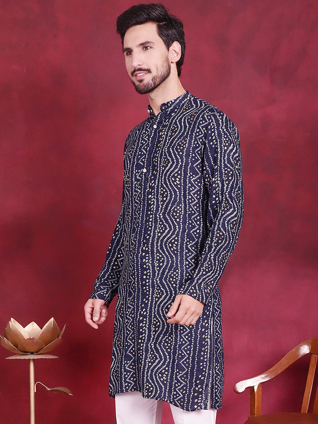 Jompers Men's Bandhani Printed Kurta - Navy Blue