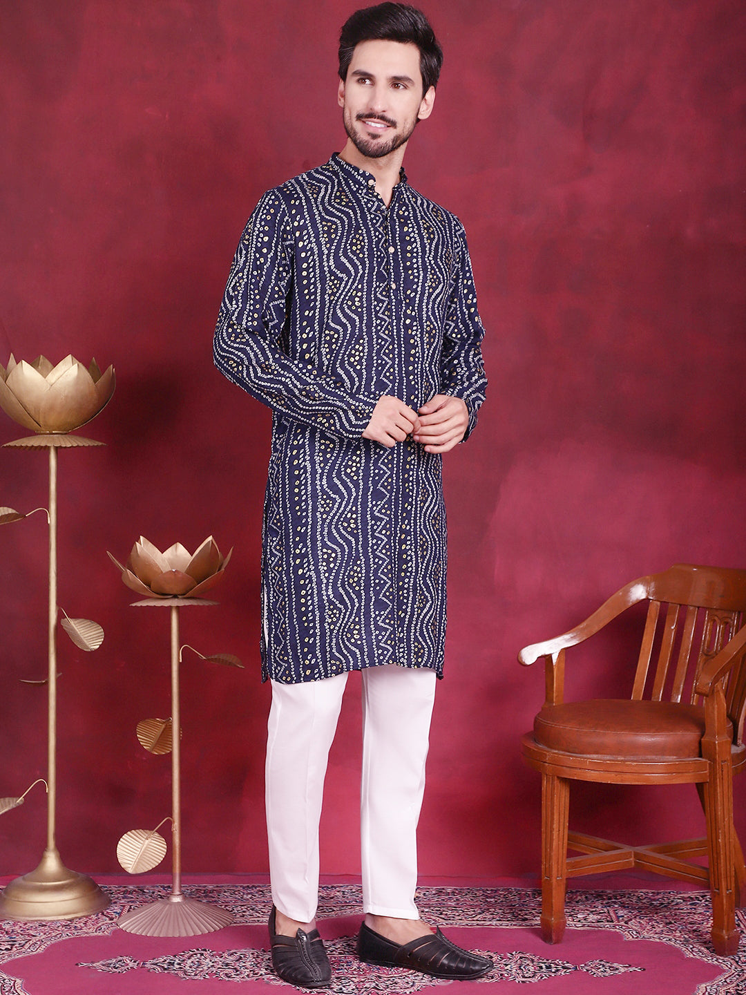 Jompers Men's Bandhani Printed Kurta - Navy Blue