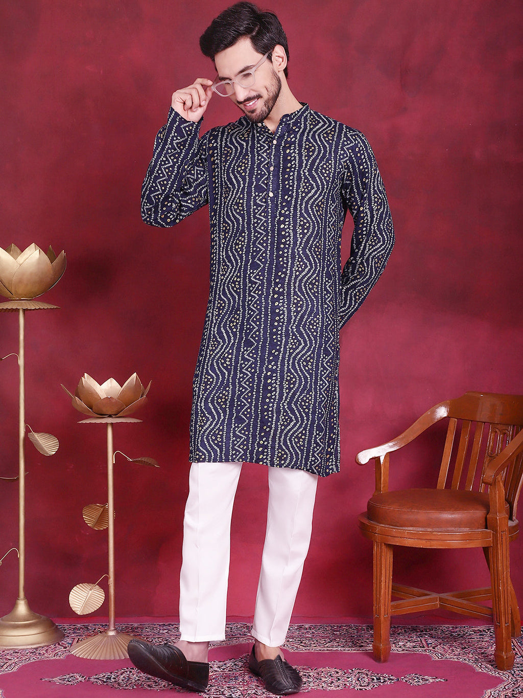 Jompers Men's Bandhani Printed Kurta - Navy Blue
