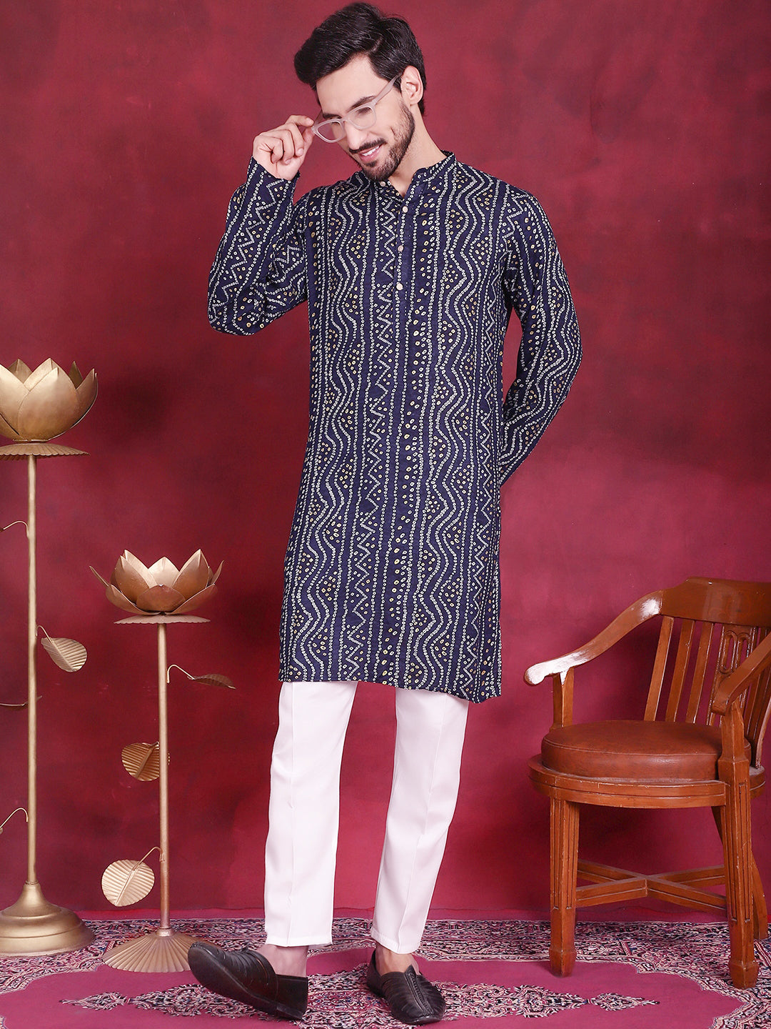 Jompers Men's Bandhani Printed Kurta - Navy Blue