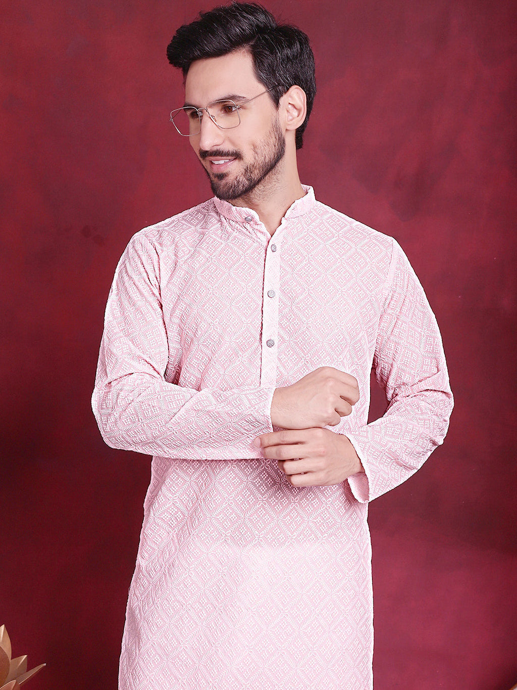 Jompers Men's Chikankari Embroidered Kurta - Pink