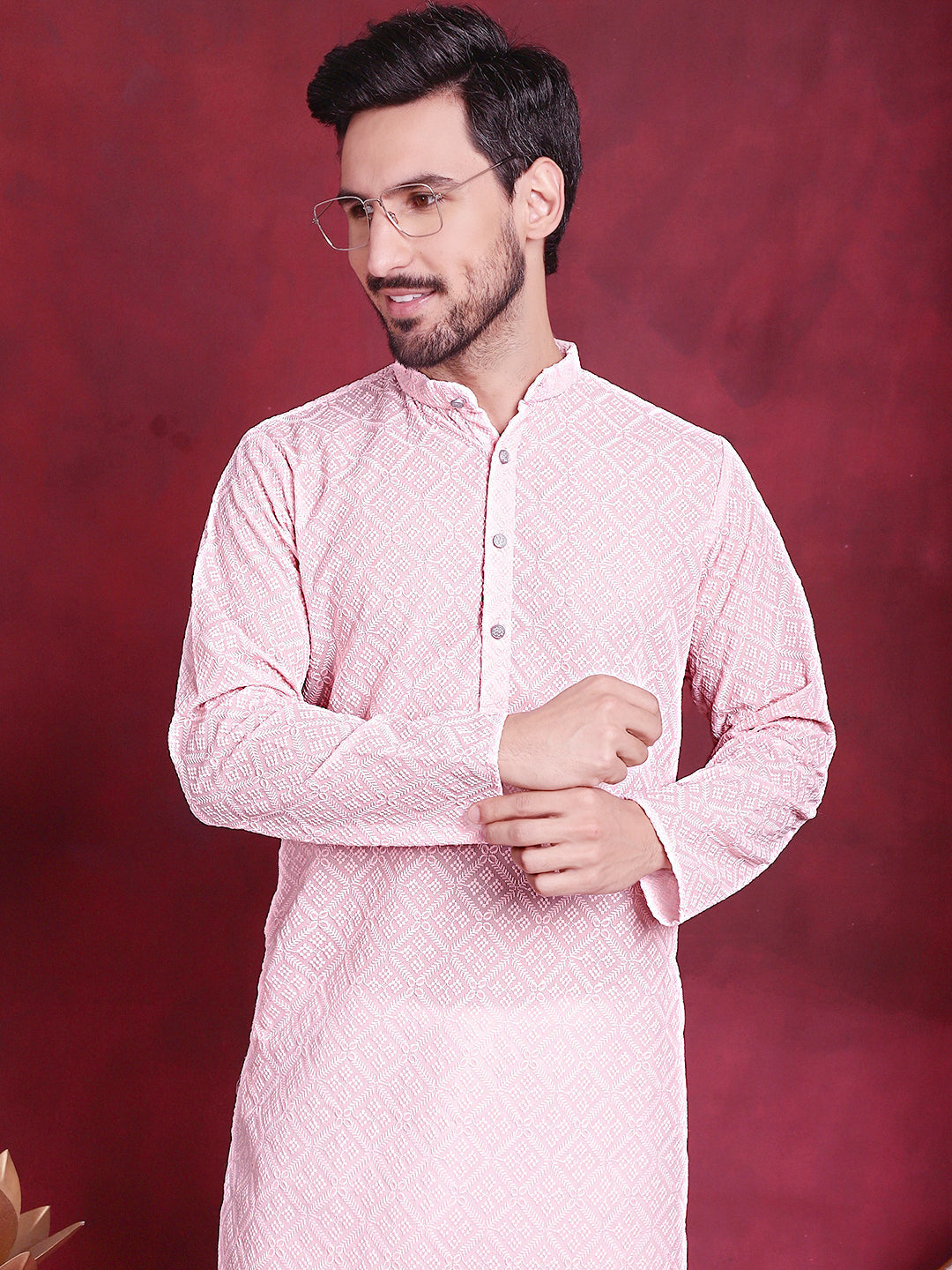 Jompers Men's Chikankari Embroidered Kurta - Pink