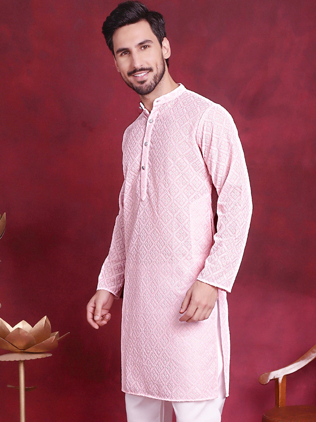 Jompers Men's Chikankari Embroidered Kurta - Pink