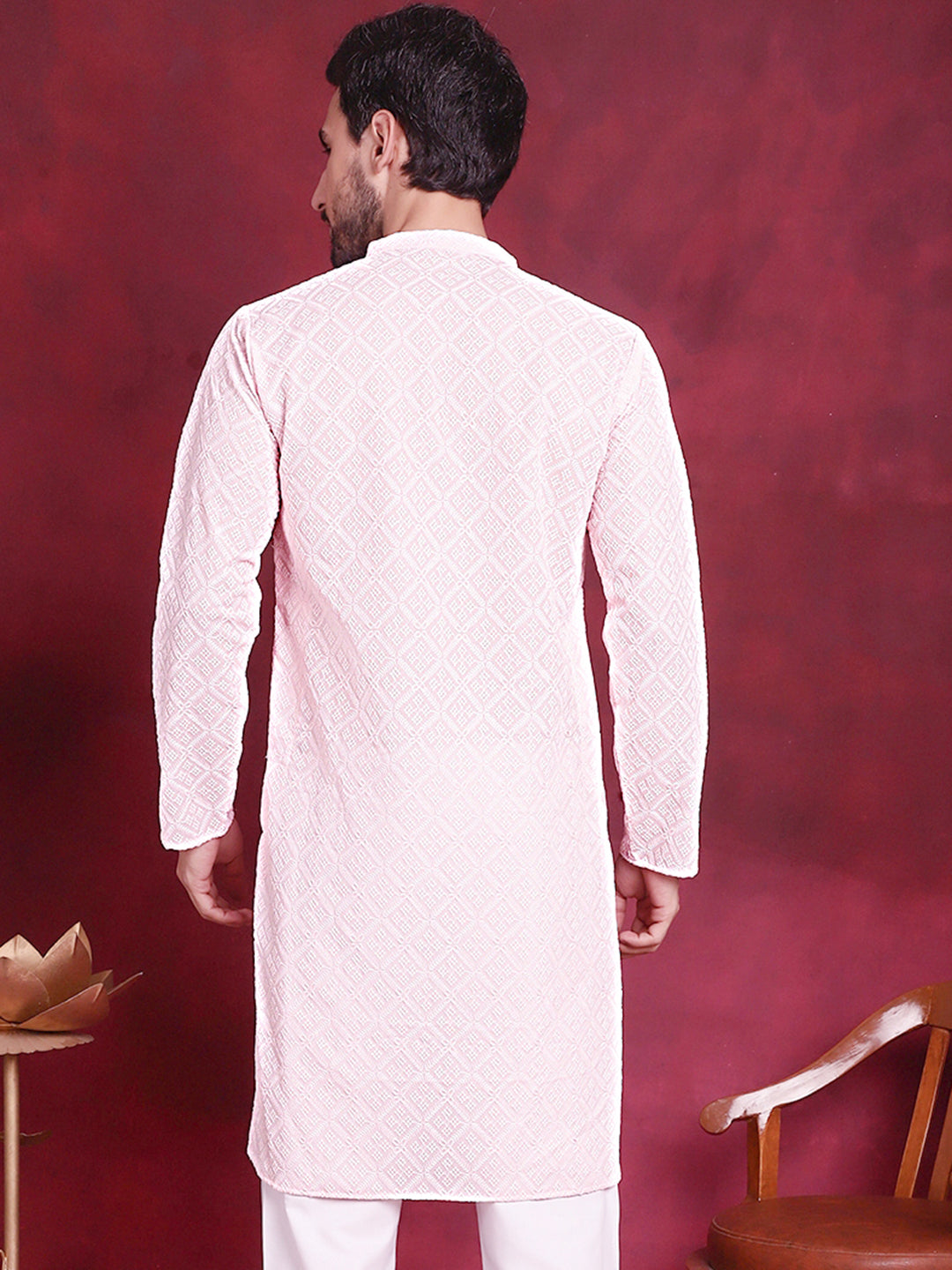 Jompers Men's Chikankari Embroidered Kurta - Pink