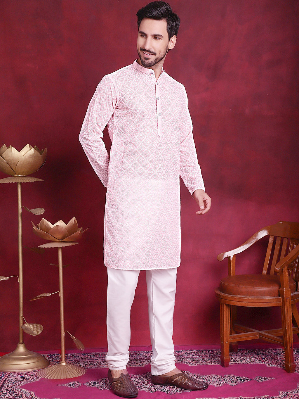 Jompers Men's Chikankari Embroidered Kurta - Pink
