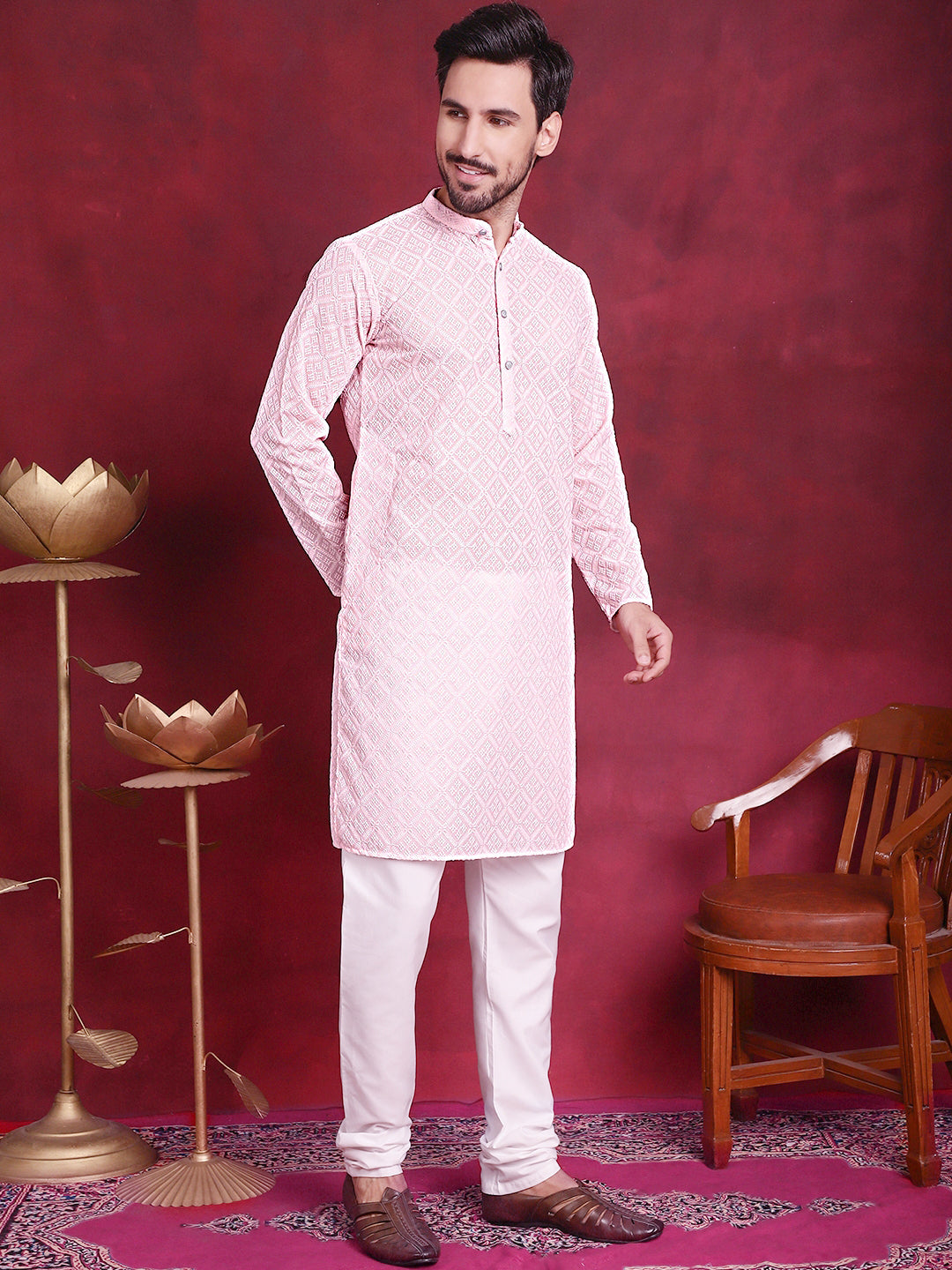 Jompers Men's Chikankari Embroidered Kurta - Pink