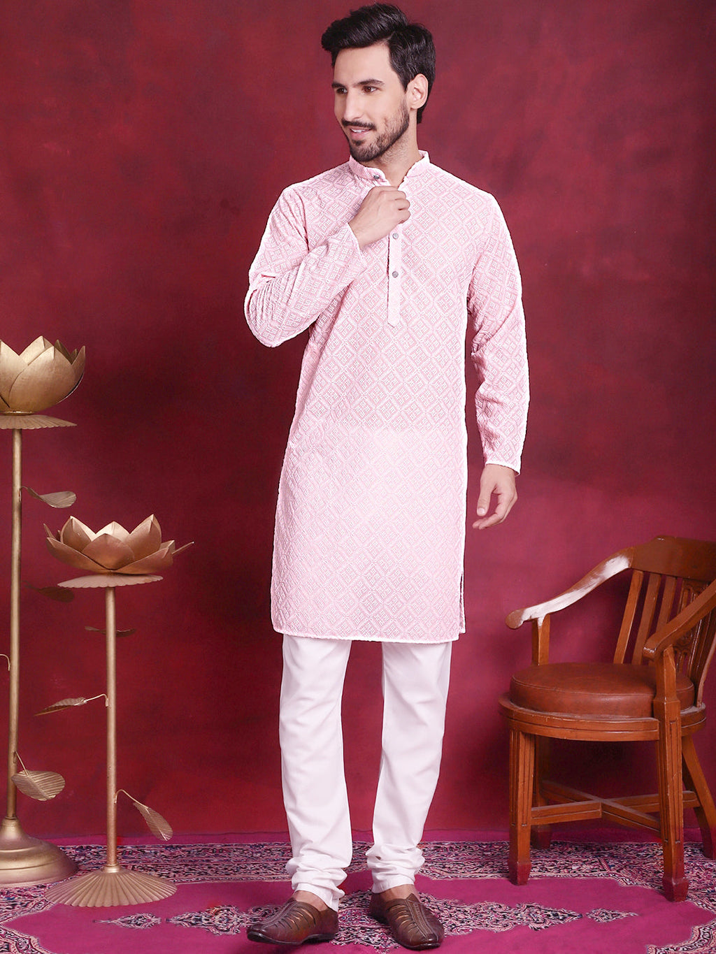 Jompers Men's Chikankari Embroidered Kurta - Pink