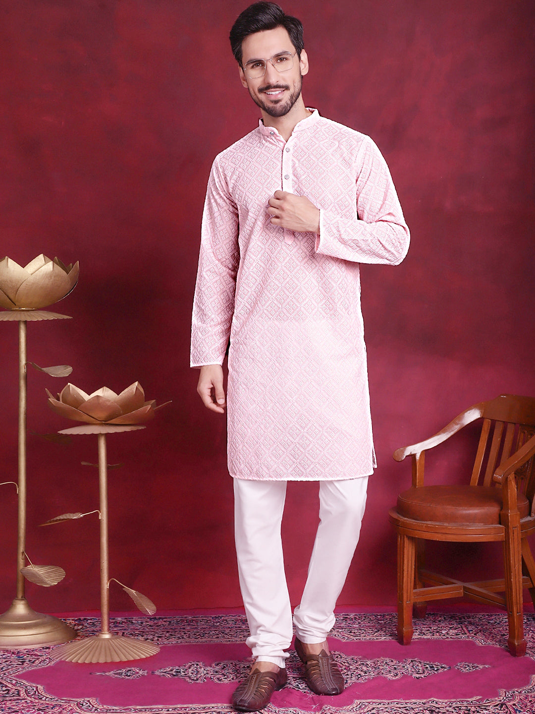 Jompers Men's Chikankari Embroidered Kurta - Pink