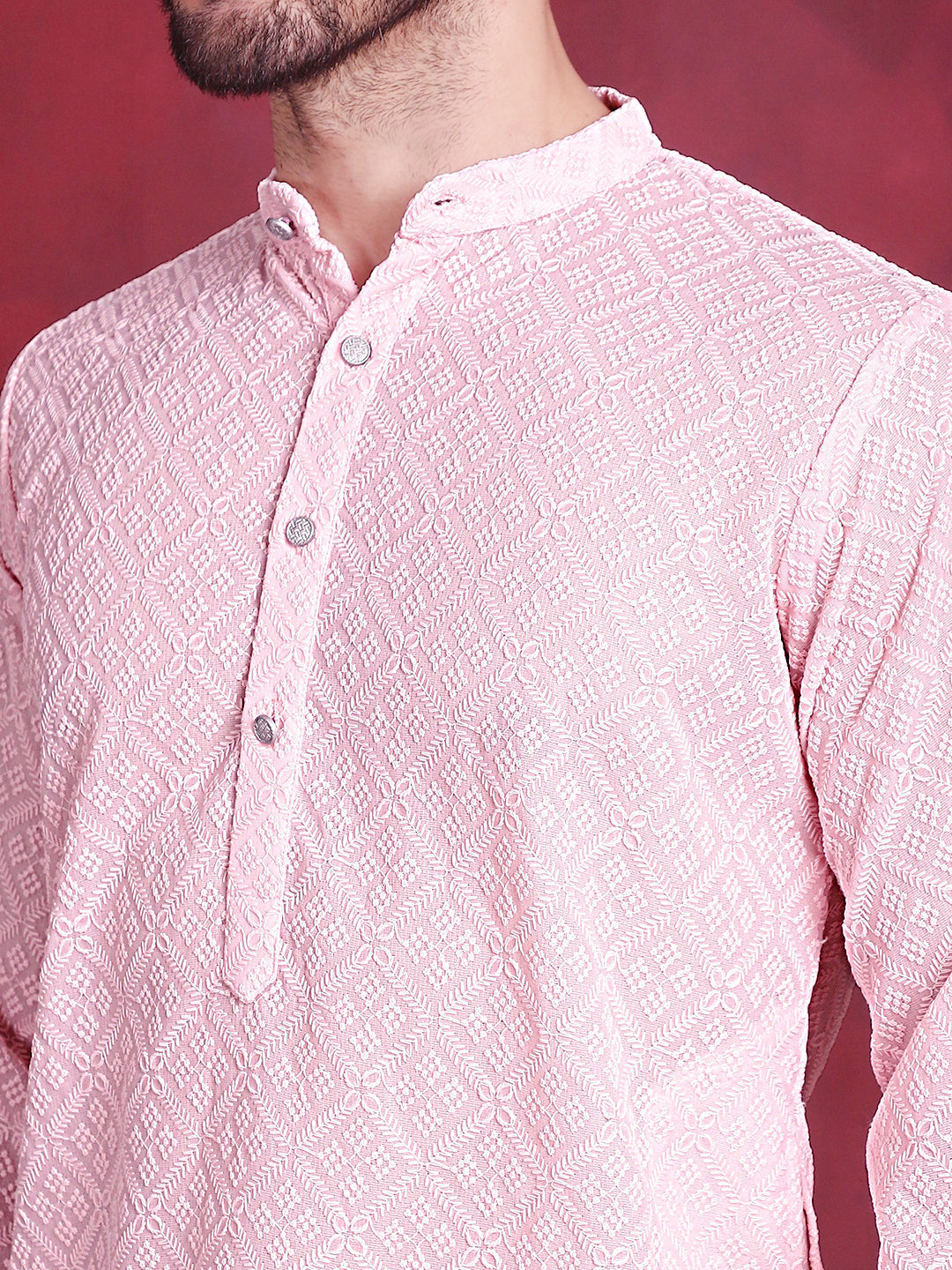 Jompers Men's Chikankari Embroidered Kurta - Pink