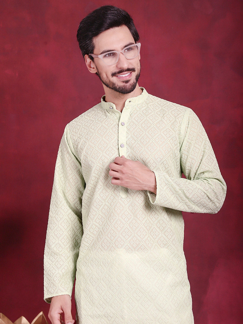 Jompers Men's Chikankari Embroidered Kurta - Pista