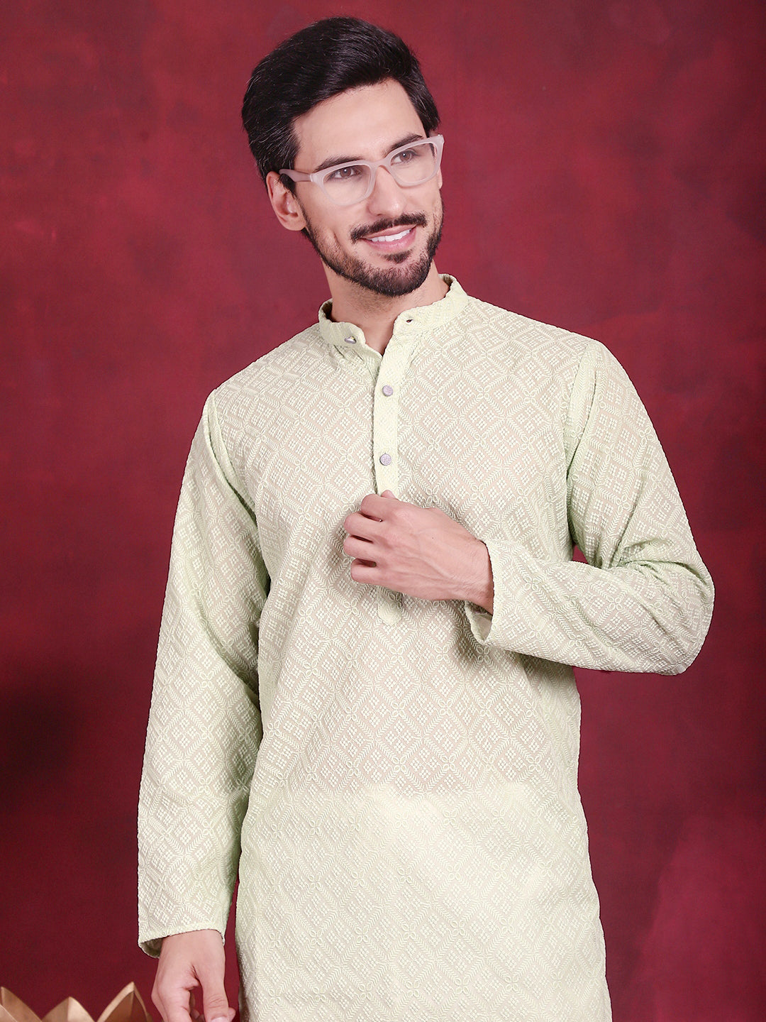 Jompers Men's Chikankari Embroidered Kurta - Pista