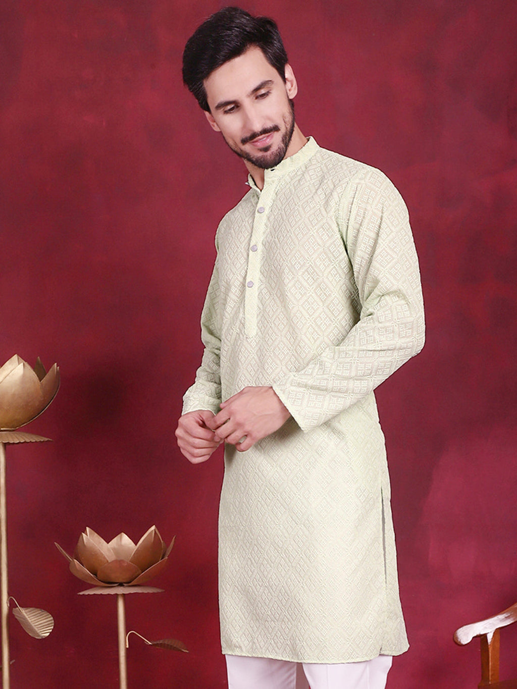 Jompers Men's Chikankari Embroidered Kurta - Pista