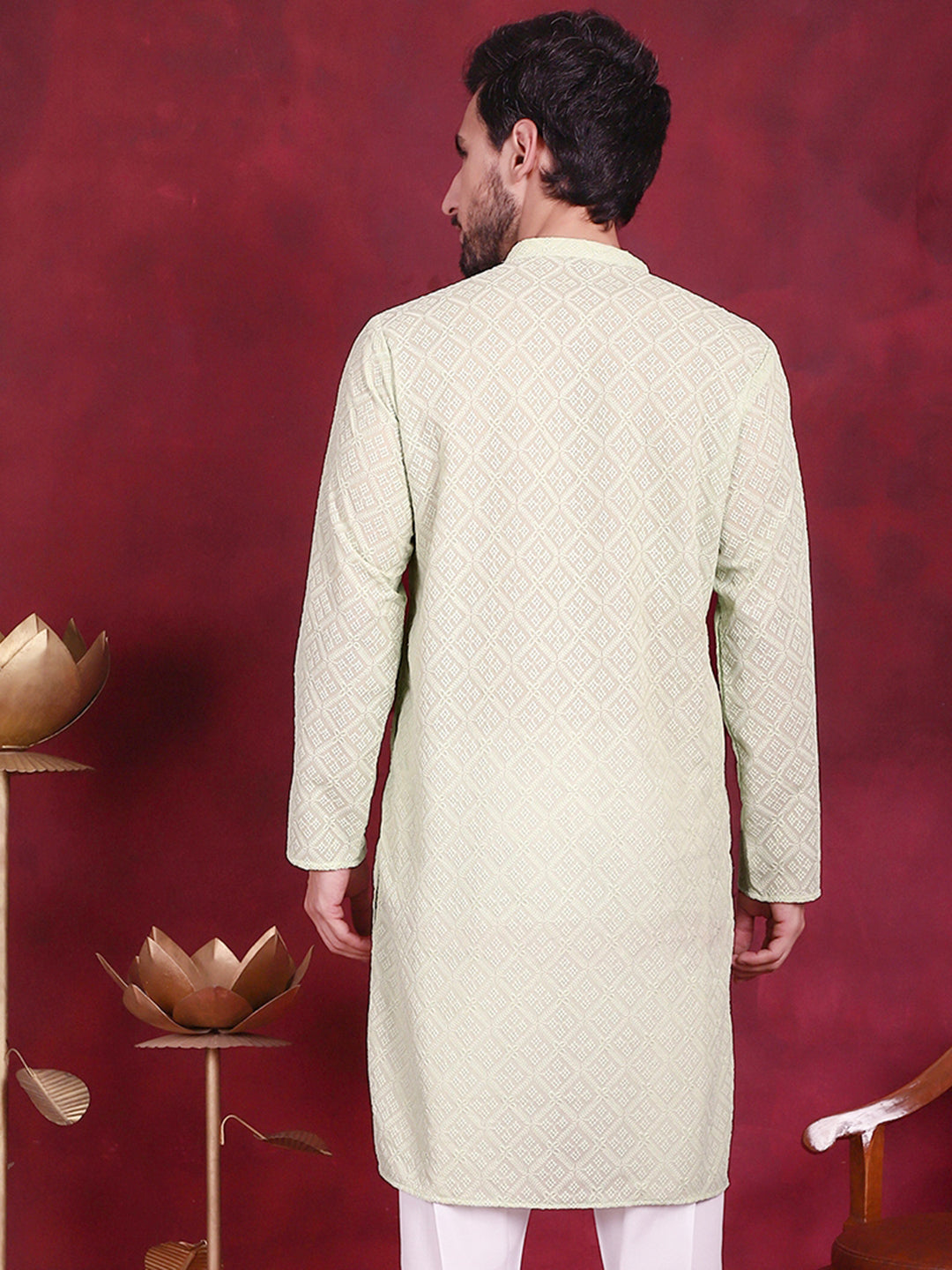 Jompers Men's Chikankari Embroidered Kurta - Pista