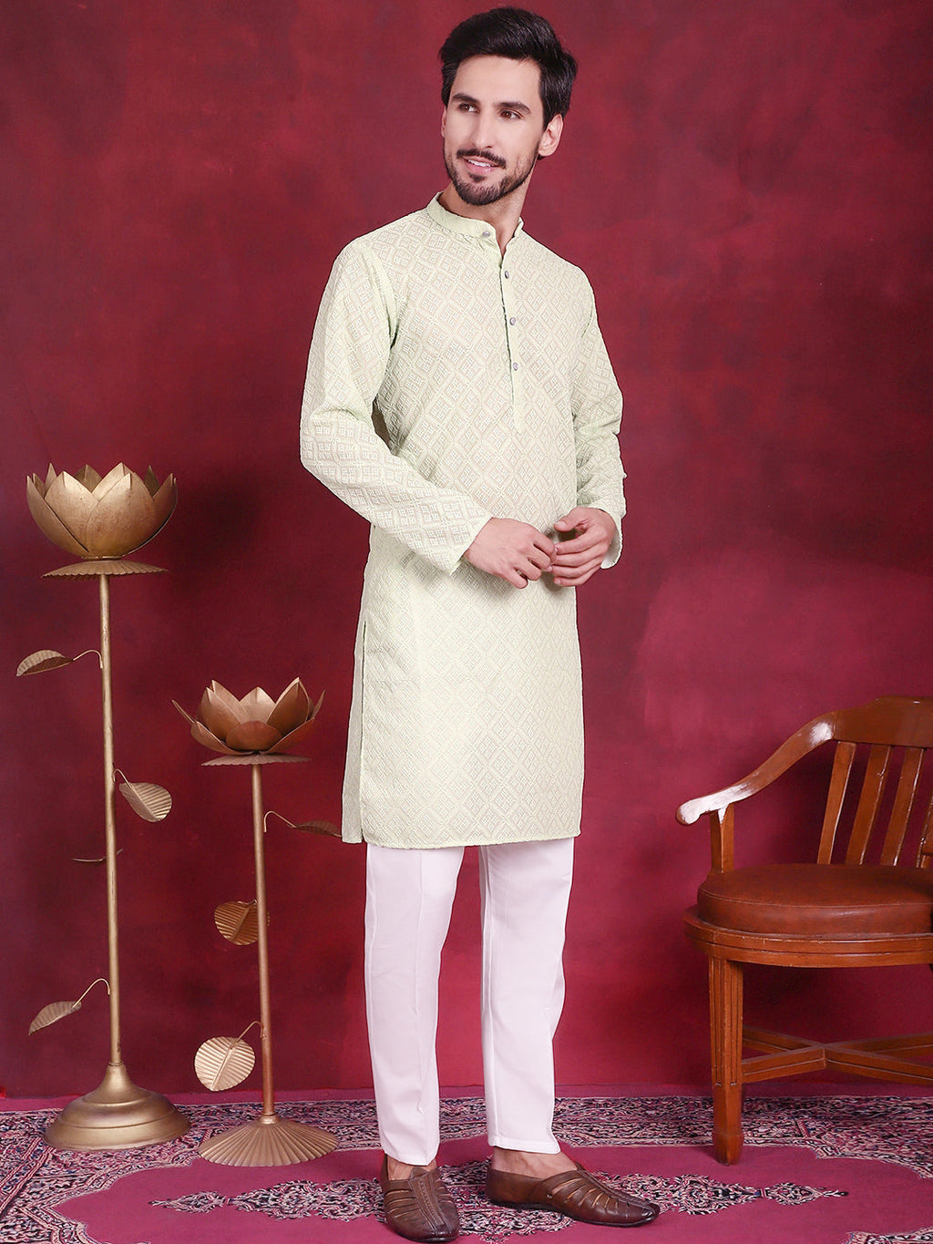 Jompers Men's Chikankari Embroidered Kurta - Pista