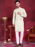 Jompers Men's Chikankari Embroidered Kurta - Pista