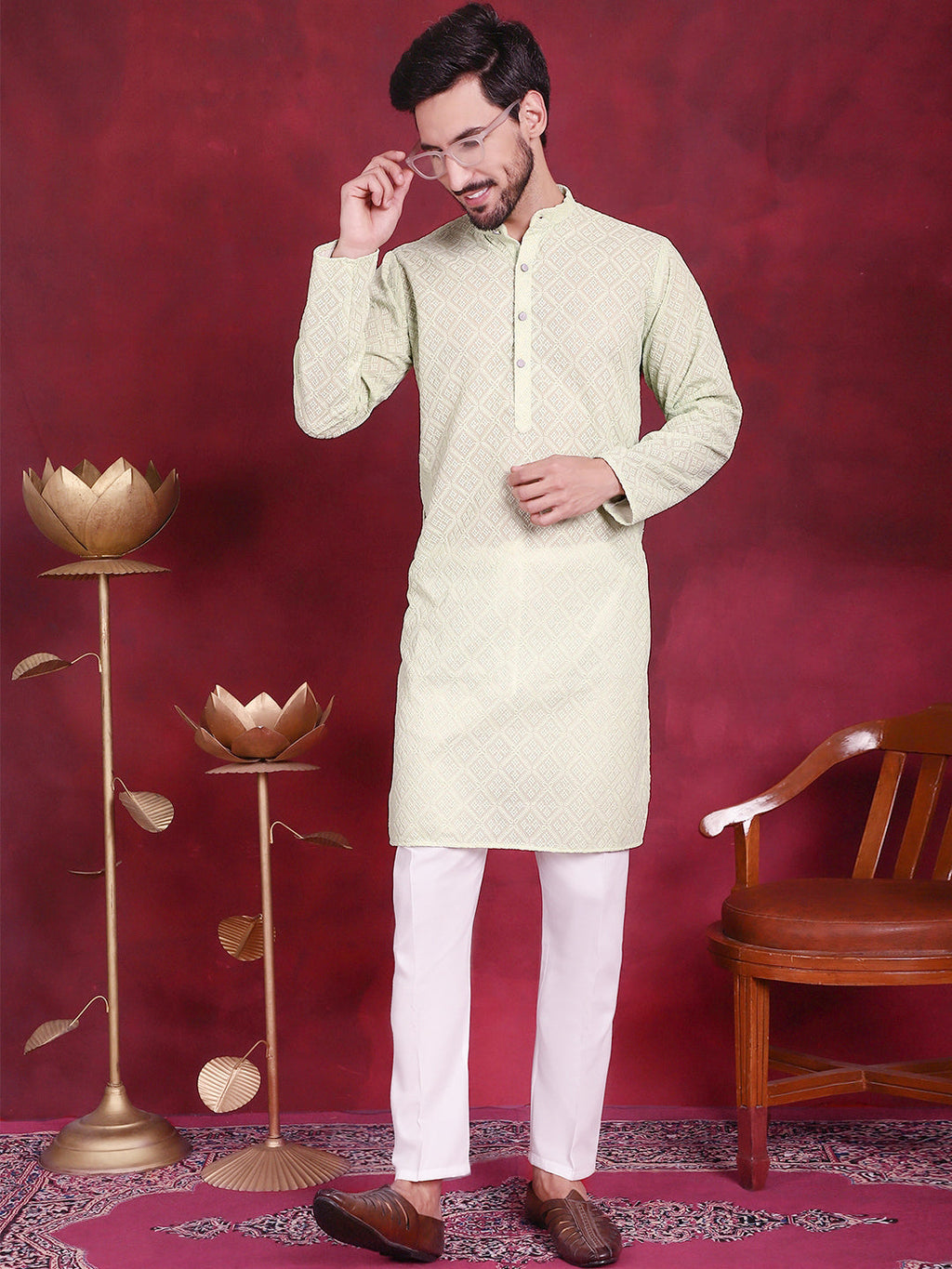 Jompers Men's Chikankari Embroidered Kurta - Pista
