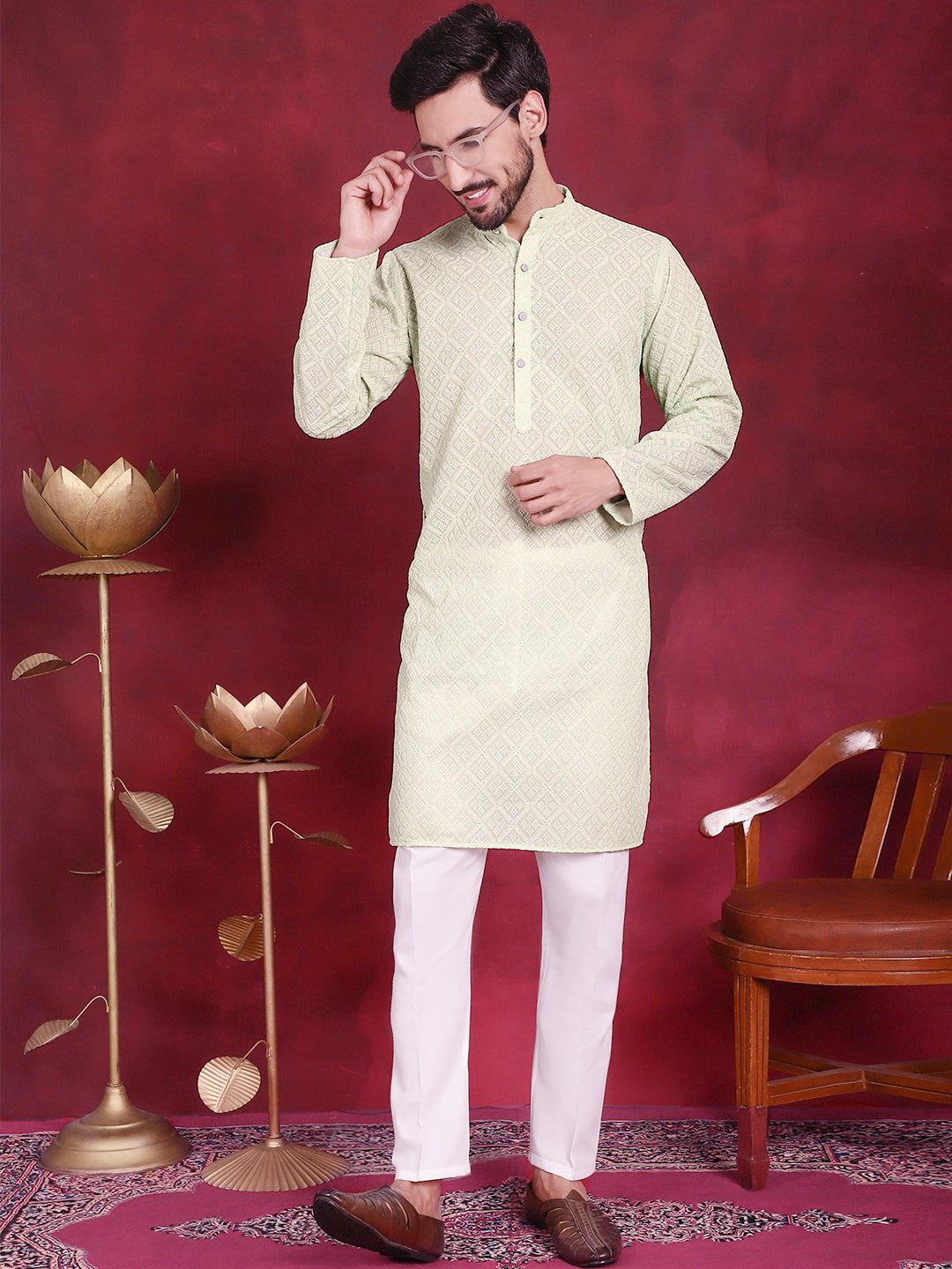 Jompers Men's Chikankari Embroidered Kurta - Pista