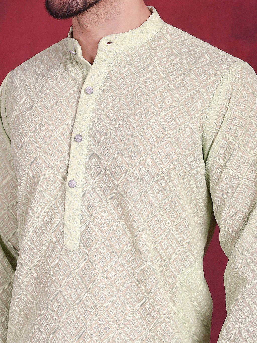 Jompers Men's Chikankari Embroidered Kurta - Pista