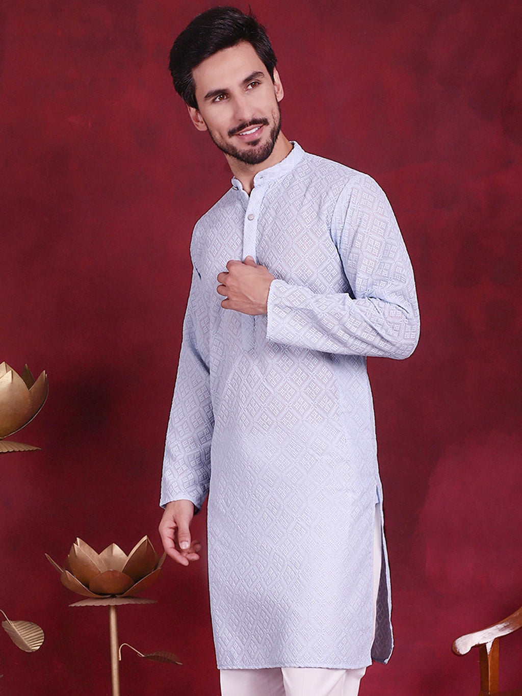 Jompers Men's Chikankari Embroidered Kurta - Sky Blue