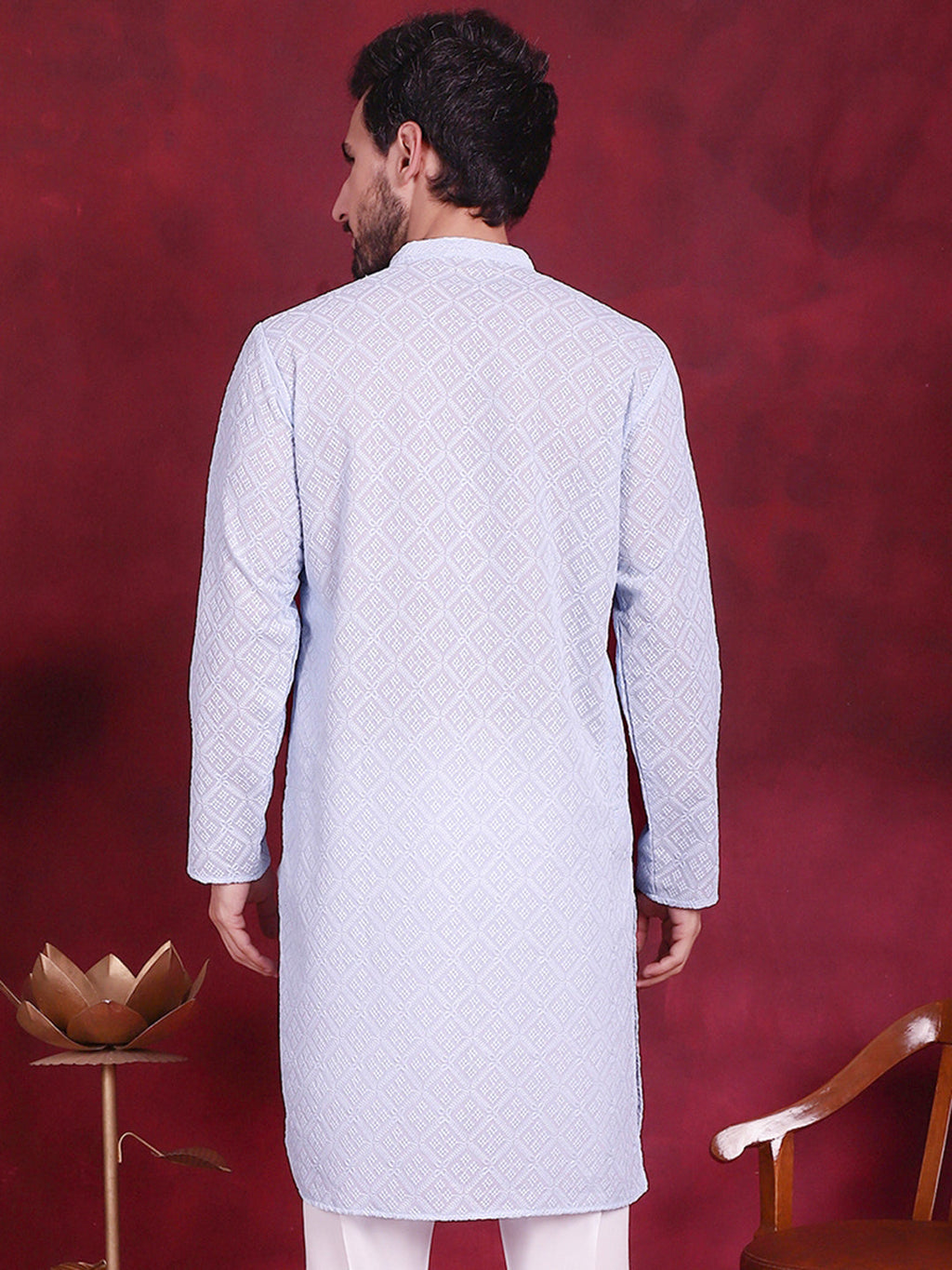 Jompers Men's Chikankari Embroidered Kurta - Sky Blue