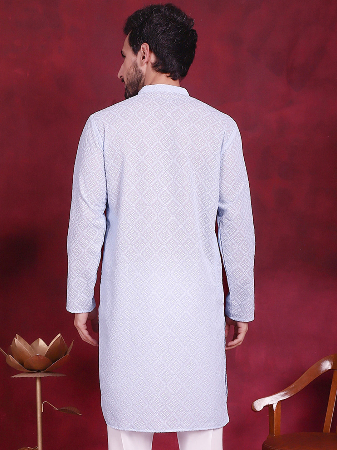 Jompers Men's Chikankari Embroidered Kurta - Sky Blue