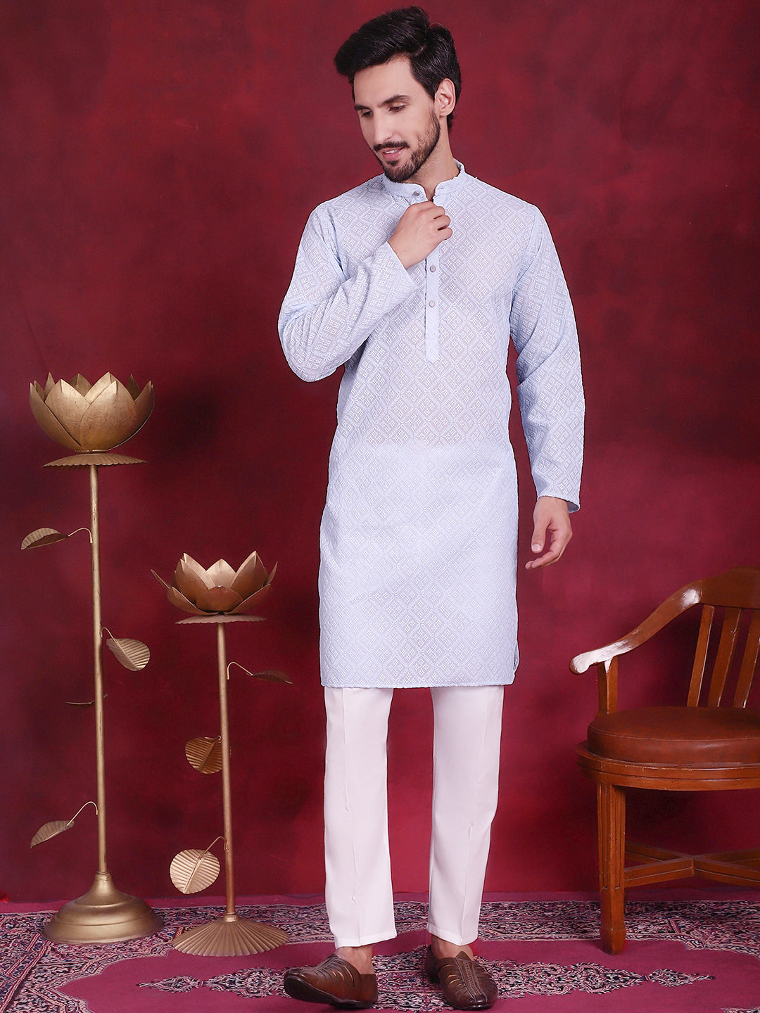 Jompers Men's Chikankari Embroidered Kurta - Sky Blue