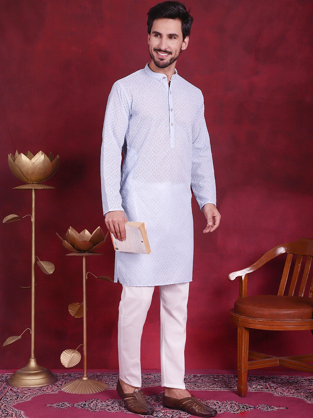 Jompers Men's Chikankari Embroidered Kurta - Sky Blue
