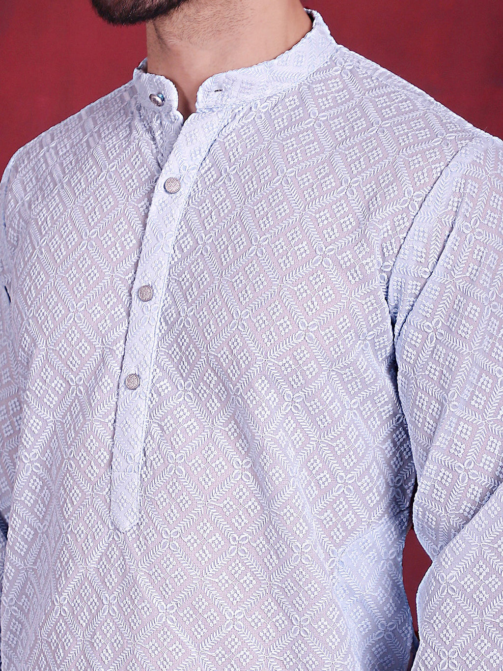 Jompers Men's Chikankari Embroidered Kurta - Sky Blue