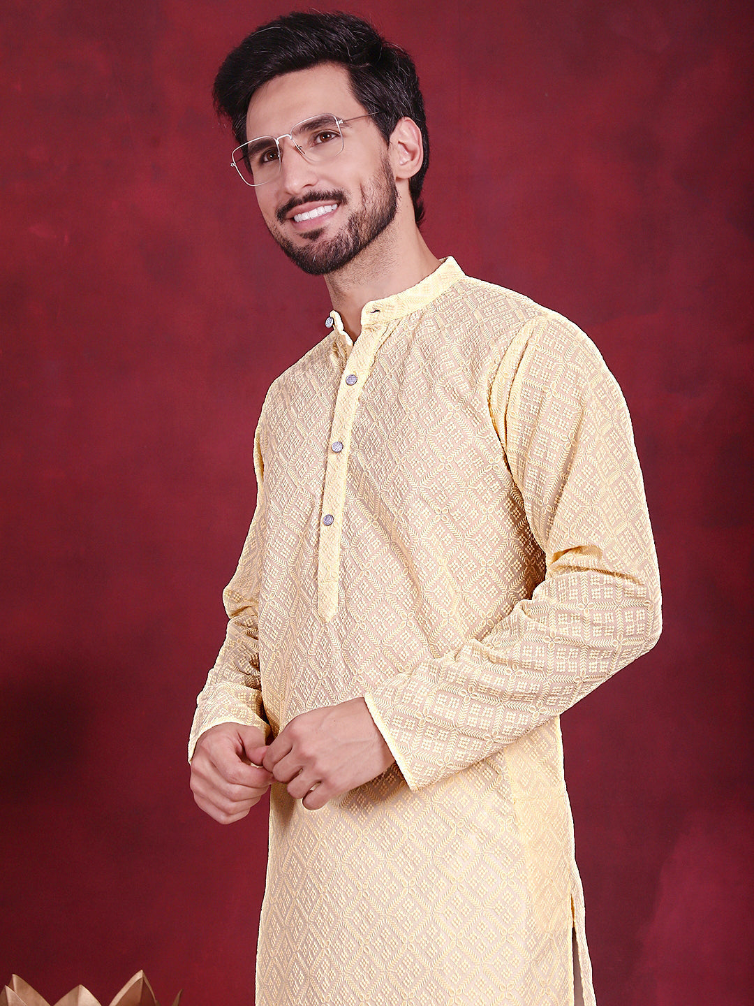 Jompers Men's Chikankari Embroidered Kurta - Yellow