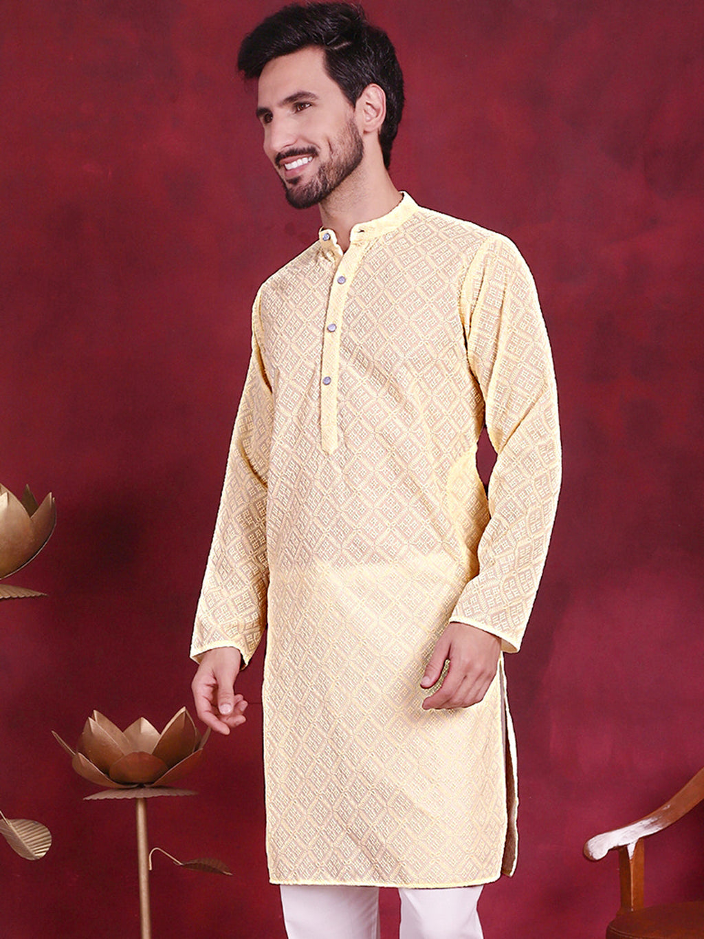 Jompers Men's Chikankari Embroidered Kurta - Yellow