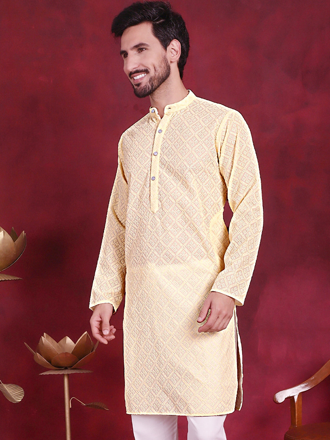 Jompers Men's Chikankari Embroidered Kurta - Yellow