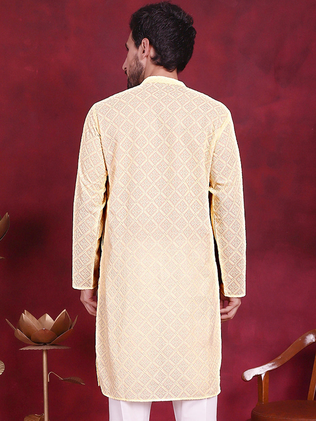 Jompers Men's Chikankari Embroidered Kurta - Yellow