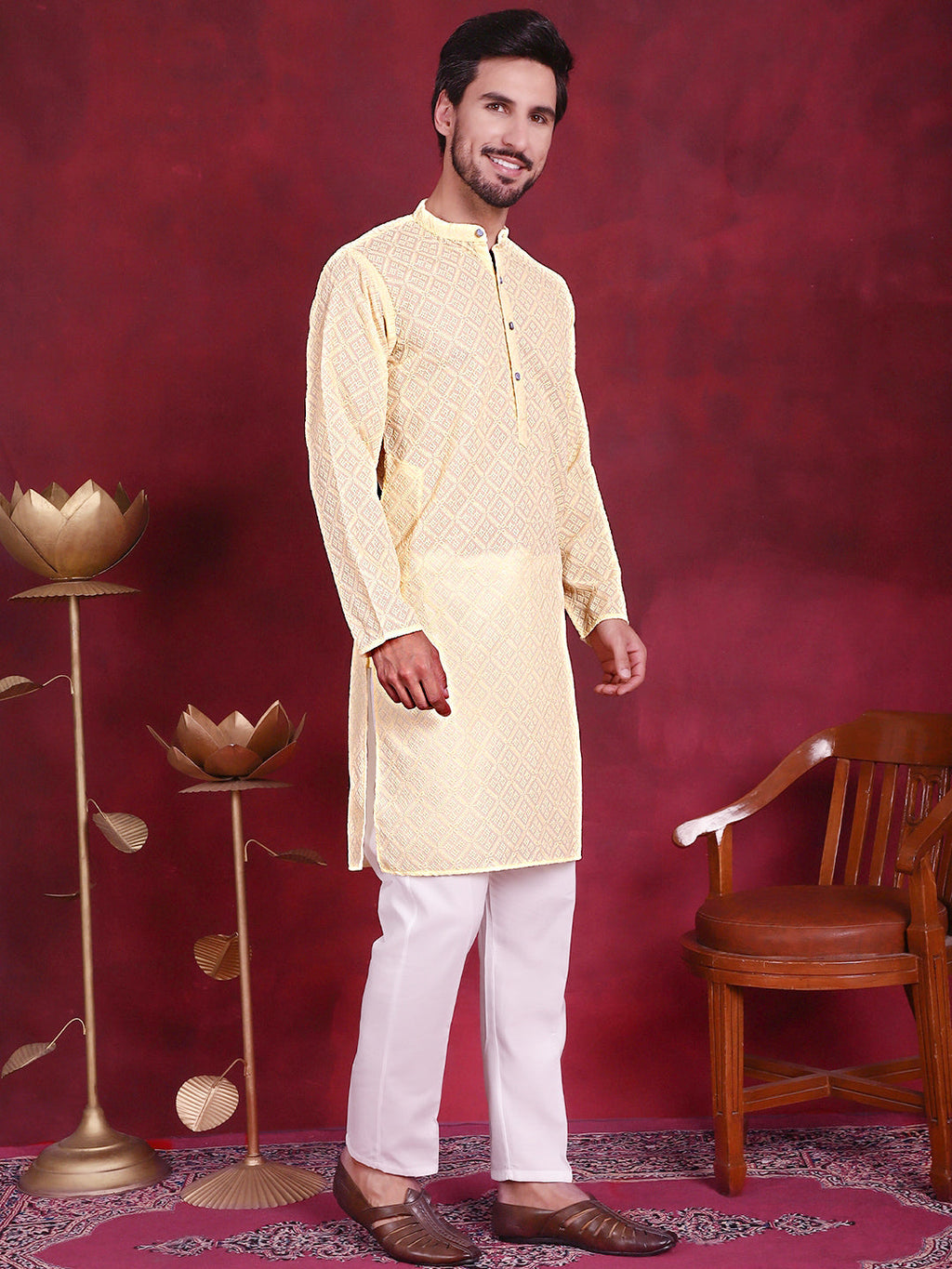 Jompers Men's Chikankari Embroidered Kurta - Yellow