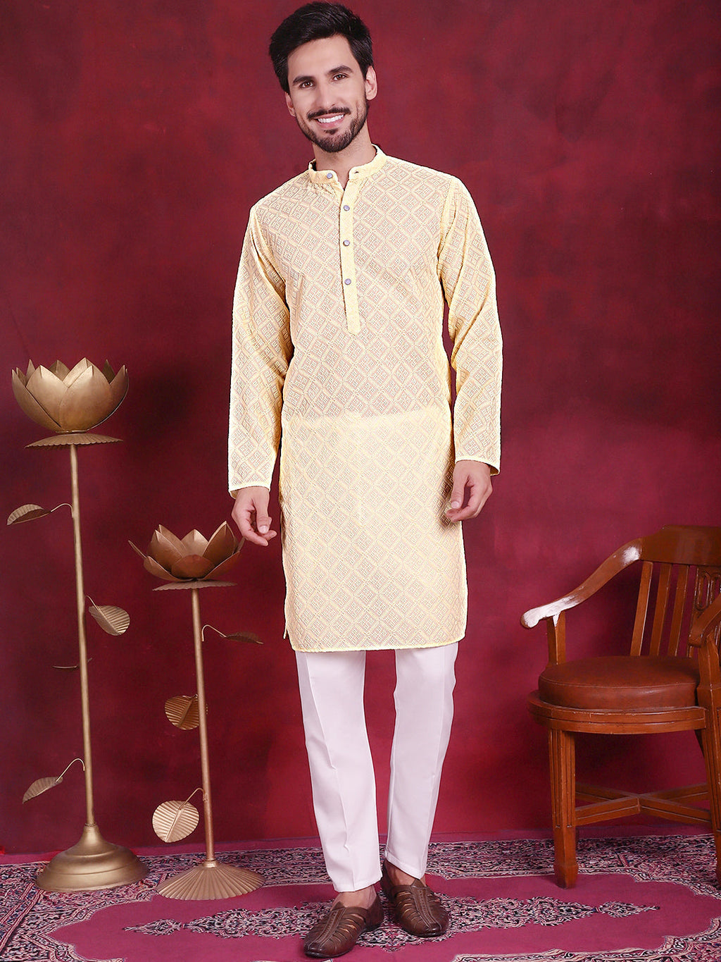 Jompers Men's Chikankari Embroidered Kurta - Yellow