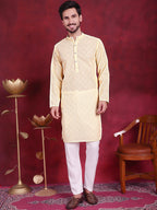 Jompers Men's Chikankari Embroidered Kurta - Yellow