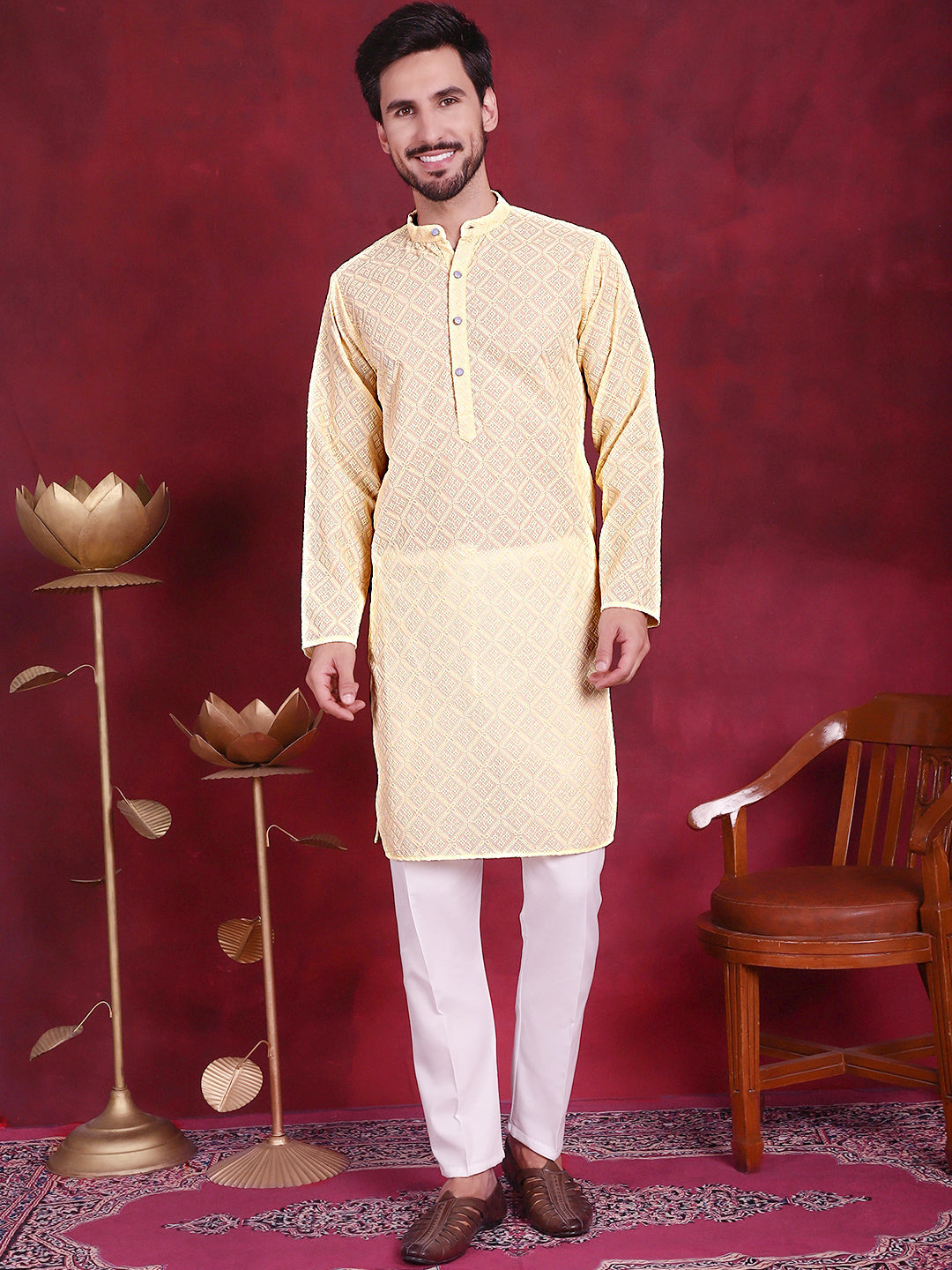 Jompers Men's Chikankari Embroidered Kurta - Yellow