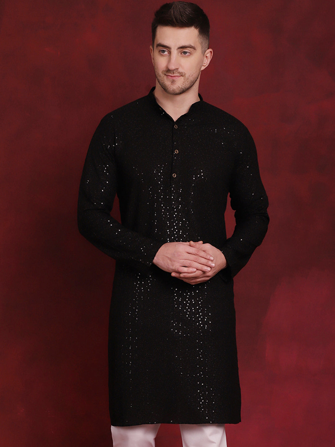 Jompers Men's Sequins Chikankari Kurta - Black