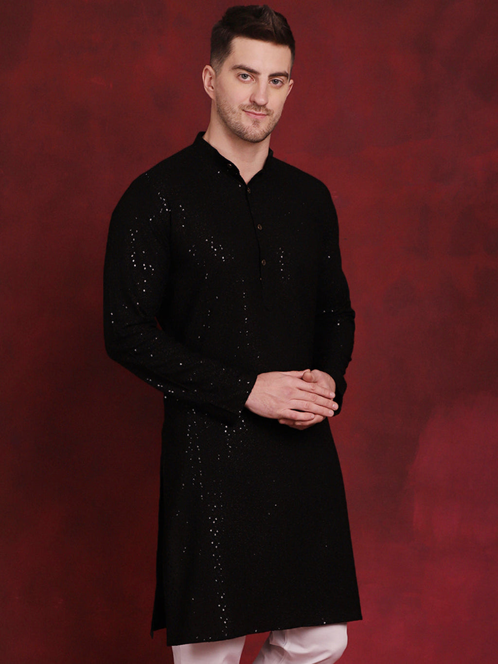 Jompers Men's Sequins Chikankari Kurta - Black