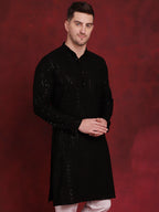 Jompers Men's Sequins Chikankari Kurta - Black