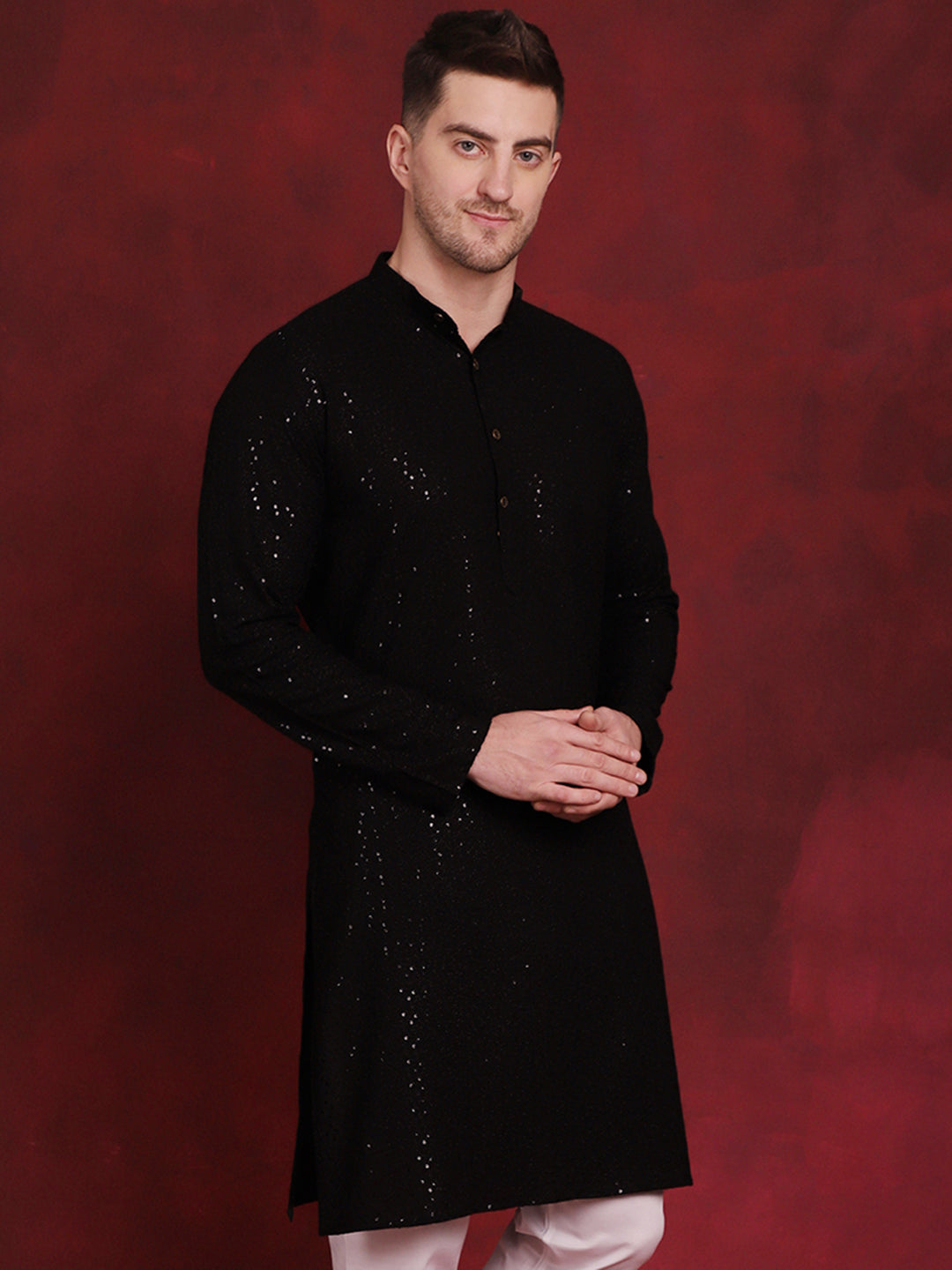 Jompers Men's Sequins Chikankari Kurta - Black
