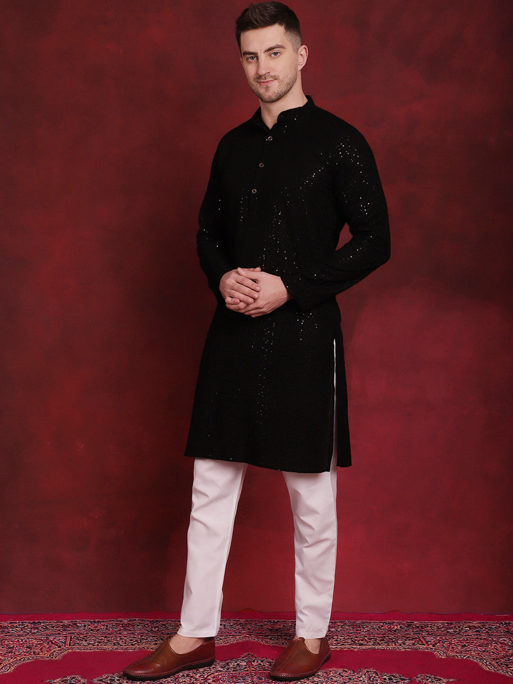 Jompers Men's Sequins Chikankari Kurta - Black