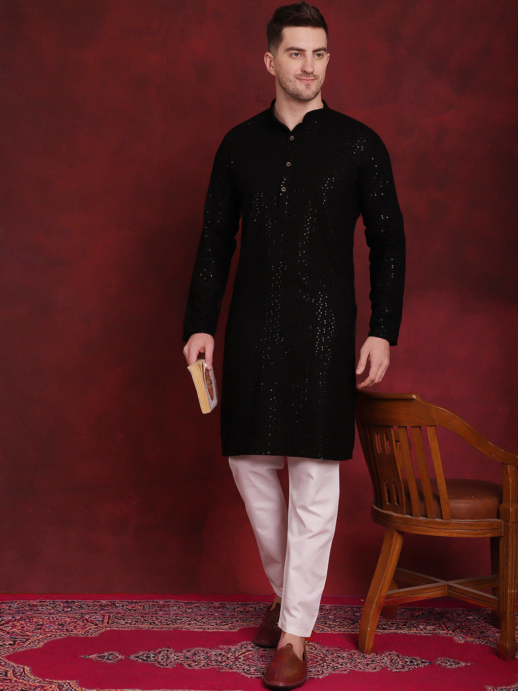 Jompers Men's Sequins Chikankari Kurta - Black